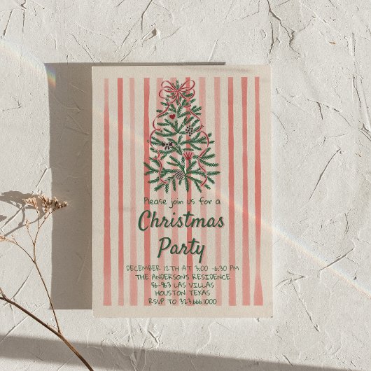 Retro Rood Roze Hand Getrokken Kerstmis Bow Tree P Kaart