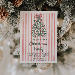 Retro Rood Roze Hand Getrokken Kerstmis Bow Tree P Kaart