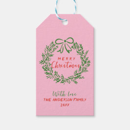 Retro Rood Roze Hand Getrokken Ribbon Krans Kerstm Cadeaulabel