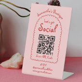 Retro Rood Roze Handgeschreven Girly Social QR Cod Reclamebord Met Voetstuk