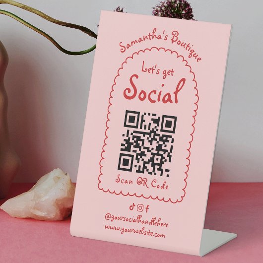 Retro Rood Roze Handgeschreven Girly Social QR Cod Reclamebord Met Voetstuk