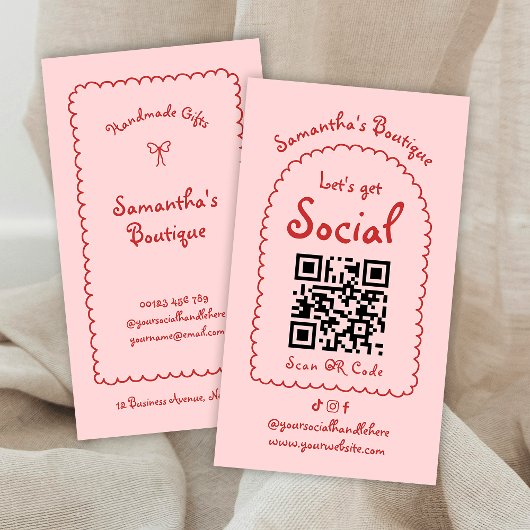 Retro Rood Roze Handgeschreven Girly Whimsical QR  Visitekaartje