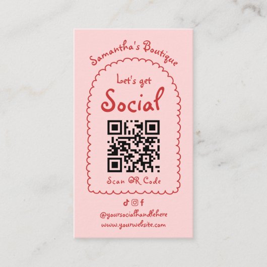 Retro Rood Roze Handgeschreven Girly Whimsical QR Visitekaartje (Voorkant)