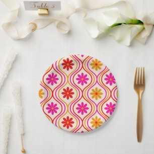 Retro rood roze oranje bloemen op Ogee patroon Papieren Bordje