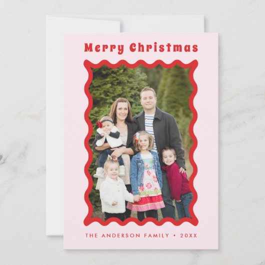 Retro Rood Roze Wavy Lijst Foto Vrolijk Kerstfeest Feestdagenkaart (Voorkant)