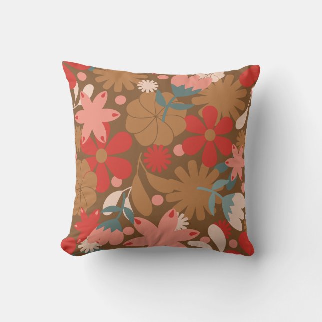 Retro Rood Vintage Bloemmotief Kussen (Voorkant)