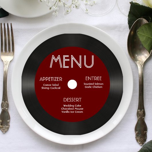 Retro Rood Vinyl Record Bruiloft Receptie Menu Kaart