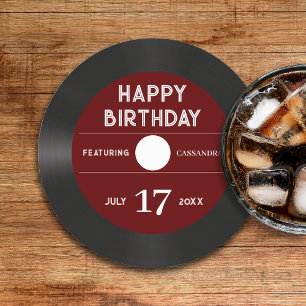 Retro Rood Vinyl Record Zwart Gelukkig Verjaardags Ronde Kartonnen Onderzetter