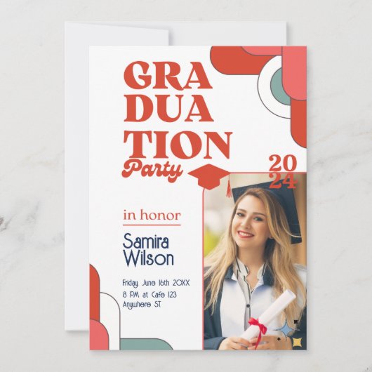 Retro Rood & Wit Afstudeerfeest Uitnodiging (Voorkant)