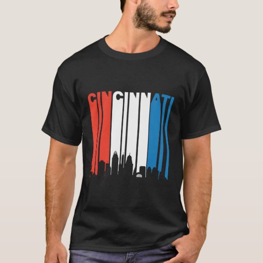 Retro Rood Wit Blauw Cincinnati Oh Skyline Long SL T-shirt (Voorkant)