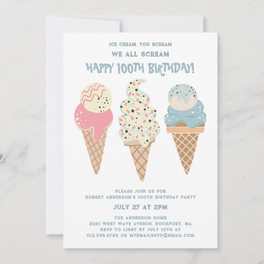 Retro Rood Wit Blauw Ijs Kegel 100e Verjaardag Kaart (Voorkant)