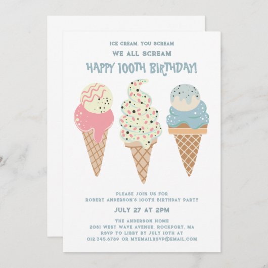 Retro Rood Wit Blauw Ijs Kegel 100e Verjaardag Kaart (Voorkant / Achterkant)