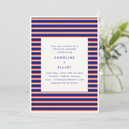 Retro Rood Wit Blauwe Streep Koppels Bruiloft Fees Kaart (Staand voorkant)