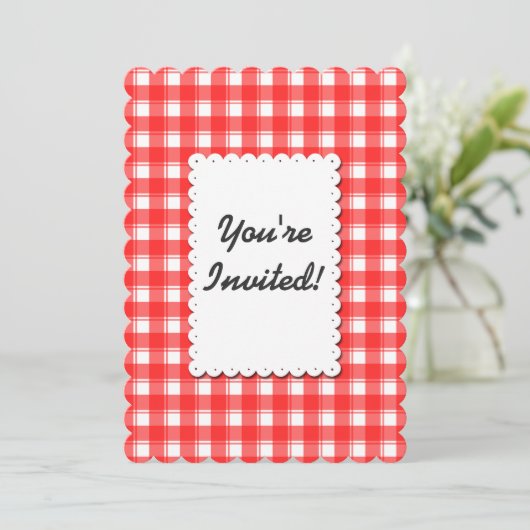 Retro rood-wit geruit bewerkbare uitnodiging (Staand voorkant)