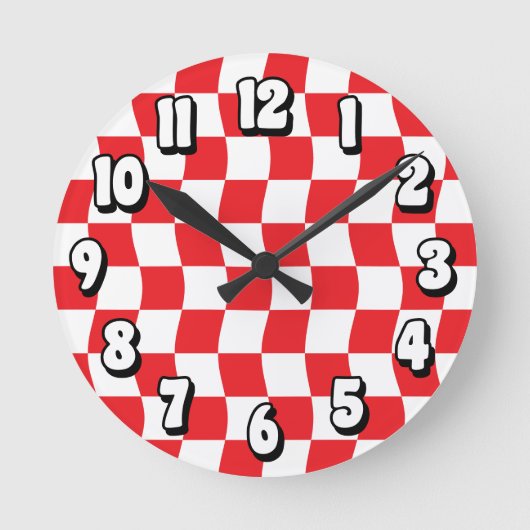 Retro rood wit Wavy Checkerboard patroon Ronde Klok (Voorkant)