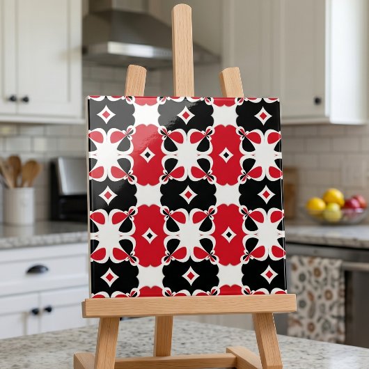 Retro Rood Zwart Wit Geometrisch Bloemmotief Tegeltje