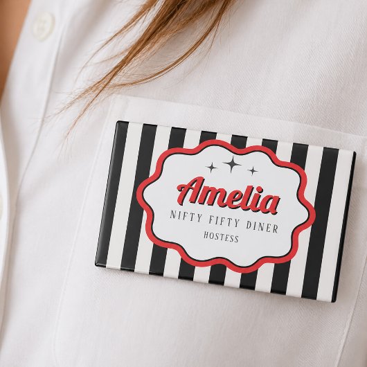 Retro Rood Zwart Wit Gestreepte Diner Naambadge