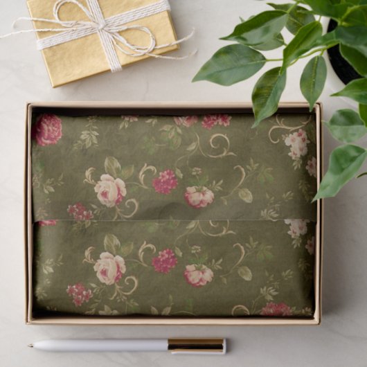 Retro-roos en olijfpatroon tissuepapier (Geschenk)
