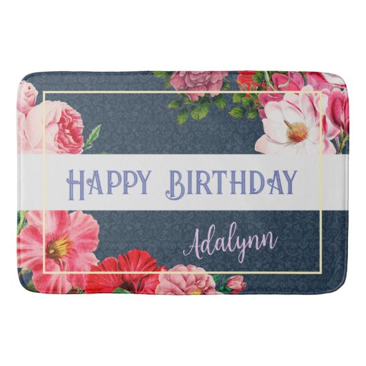 Retro Roos Hibiscus Custom Greeting Name Navy Blue Badmat (Voorkant)