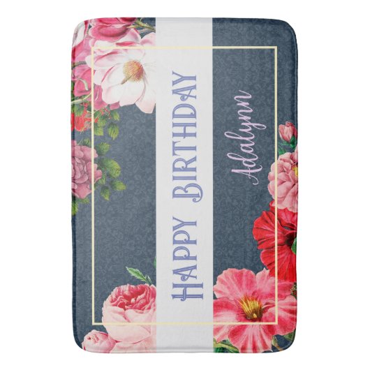 Retro Roos Hibiscus Custom Greeting Name Navy Blue Badmat (Voorkant Verticaal)