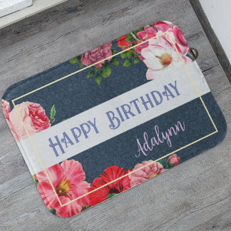 Retro Roos Hibiscus Custom Greeting Name Navy Blue Badmat