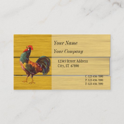 Retro Rooster Faux Wood Aangepaste Visitekaartjes (Voorkant)