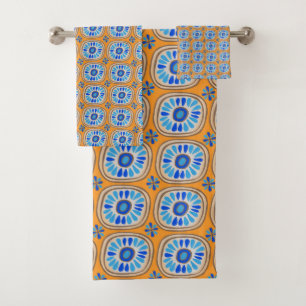 Retro Round Daisy Tegel Pattern Blue Oranje Bad Handdoek