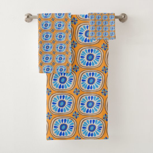 Retro Round Daisy Tegel Pattern Blue Oranje Bad Handdoek (Insitu)