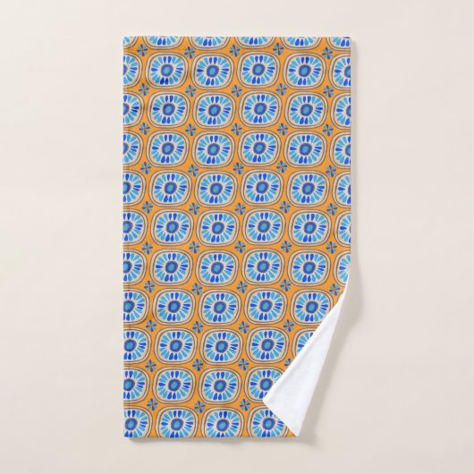 Retro Round Daisy Tegel Pattern Blue Oranje Bad Handdoek (Handdoek)