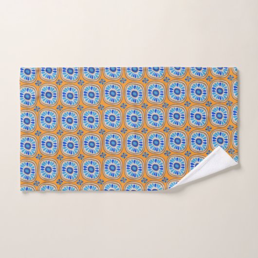 Retro Round Daisy Tegel Pattern Blue Oranje Bad Handdoek (Handdoek)