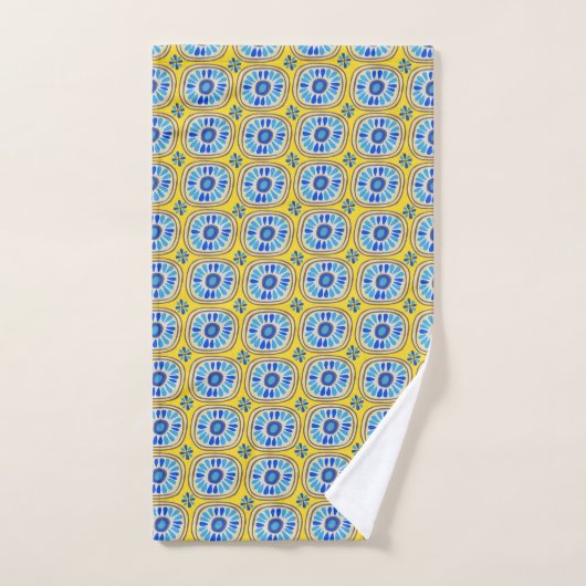 Retro Round Daisy Tegel Pattern Blue Yellow Bad Handdoek (Handdoek)