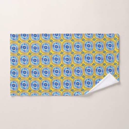 Retro Round Daisy Tegel Pattern Blue Yellow Bad Handdoek (Handdoek)