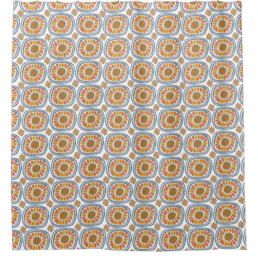 Retro Round Daisy Tegels Pattern Hand Drage Blue Douchegordijn (Voorkant)