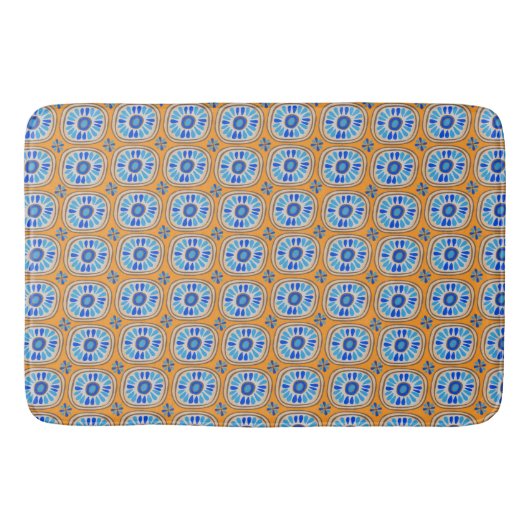 Retro Round Tegels Mexico Daisy Pattern Blue Oranj Badmat (Voorkant)