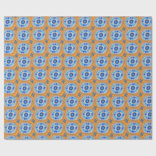 Retro Round Tegels Mexico Daisy Pattern Oranje BLu Cadeaupapier (Vlak)