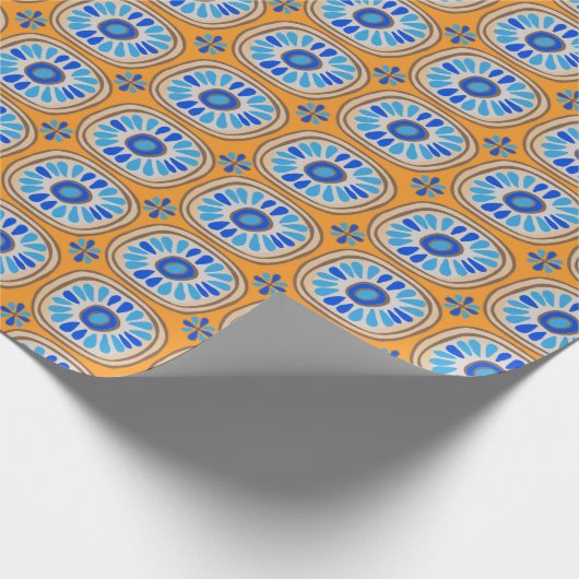 Retro Round Tegels Mexico Daisy Pattern Oranje BLu Cadeaupapier (Hoek)