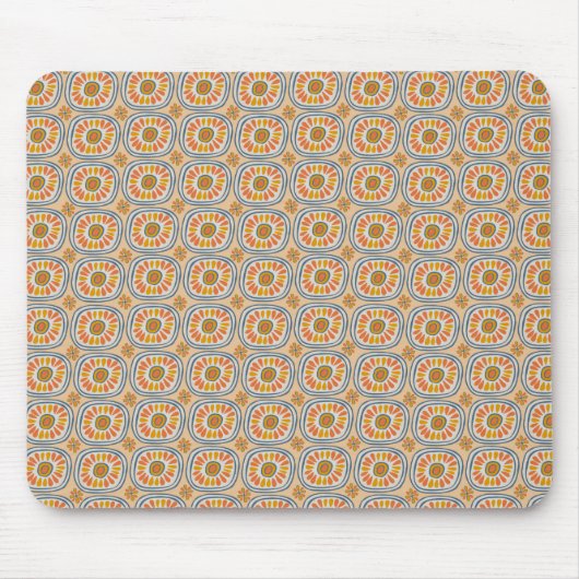 Retro Round Tegels Mexico Daisy Pattern Oranje BLu Muismat (Voorkant)