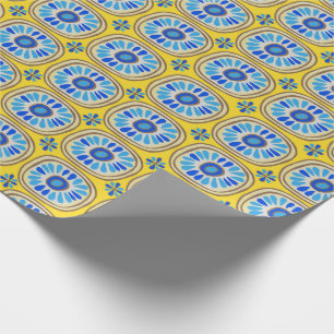 Retro Round Tegels Mexico Daisy Pattern Yellow BLu Cadeaupapier