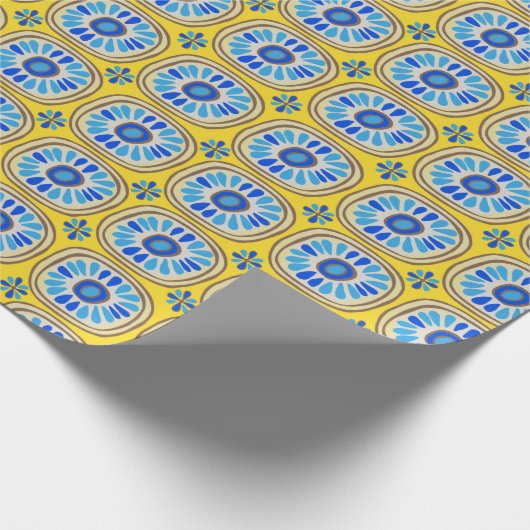 Retro Round Tegels Mexico Daisy Pattern Yellow BLu Cadeaupapier (Hoek)