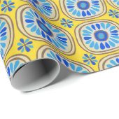 Retro Round Tegels Mexico Daisy Pattern Yellow BLu Cadeaupapier (Rol Hoek)