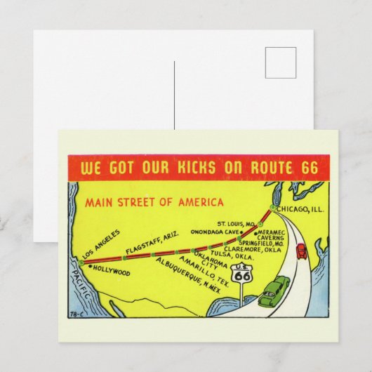 Retro Route 66 de Briefkaart van de Kaart (Voorkant / Achterkant)