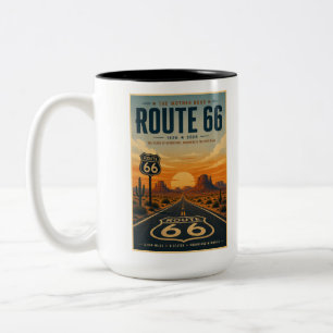 Retro Route 66 Eeuwfeest Woestijn Kunst Tweekleurige Koffiemok