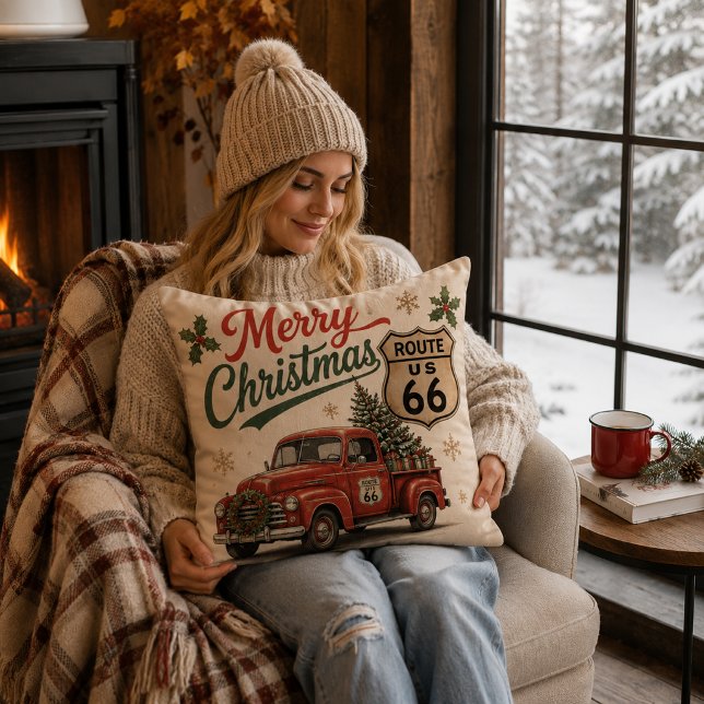 Retro Route 66 Kersttruck Decor Kussen (Creator heeft geüpload)