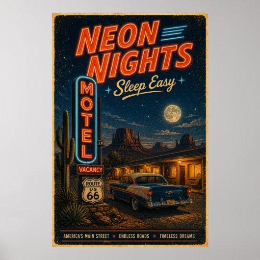 Retro Route 66 Neon Motel Nachtlandschap Poster (Voorkant)