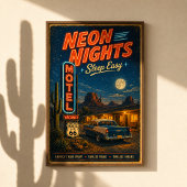 Retro Route 66 Neon Motel Nachtlandschap Poster