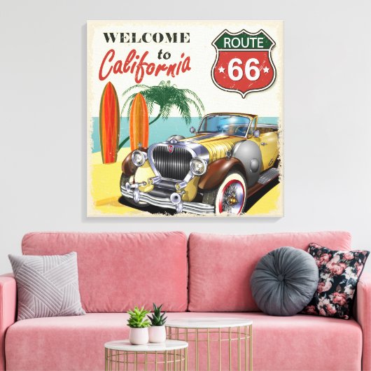Retro Route 66 "Welkom in Californië" poster, Canvas Afdruk (Insitu (Woonkamer))