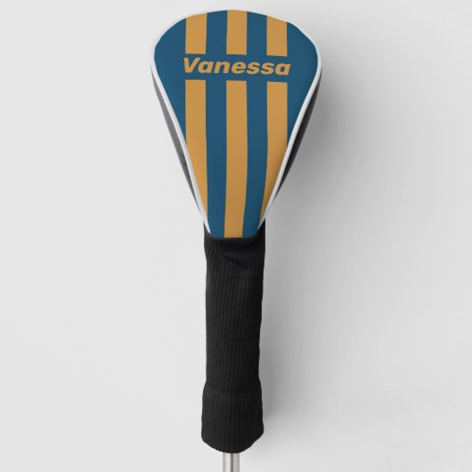 Retro Royal Goud Drie Pin Strepen met Naam Golfheadcover (Voorkant)
