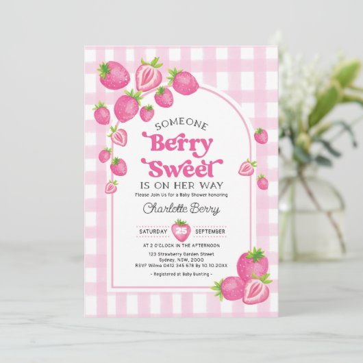 Retro Roze Aardbei Berry Sweet Baby Meisje Douche Kaart (Staand voorkant)