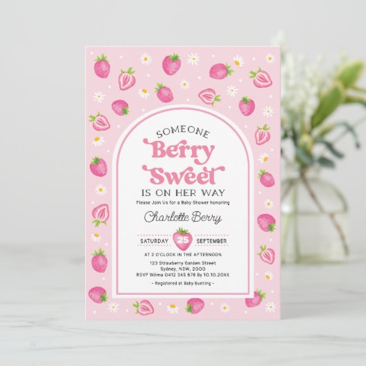 Retro roze aardbei bessen lief meisje Baby shower Kaart (Staand voorkant)