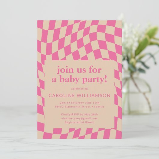 Retro Roze Abstract Checkerboard Baby shower Kaart (Staand voorkant)